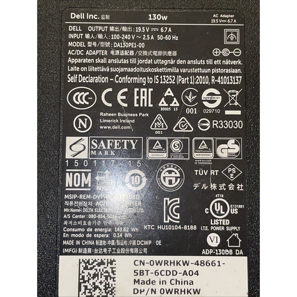 Dell DA130PE100‎ 130W AC Power Adapter Charger